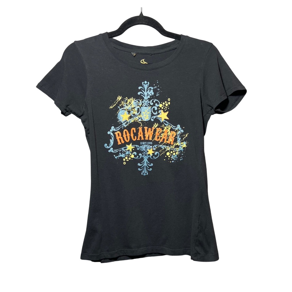 Y2K Rocawear Graphic Baby Tee Black Blue Orange Glitter Logo Small Streetwear